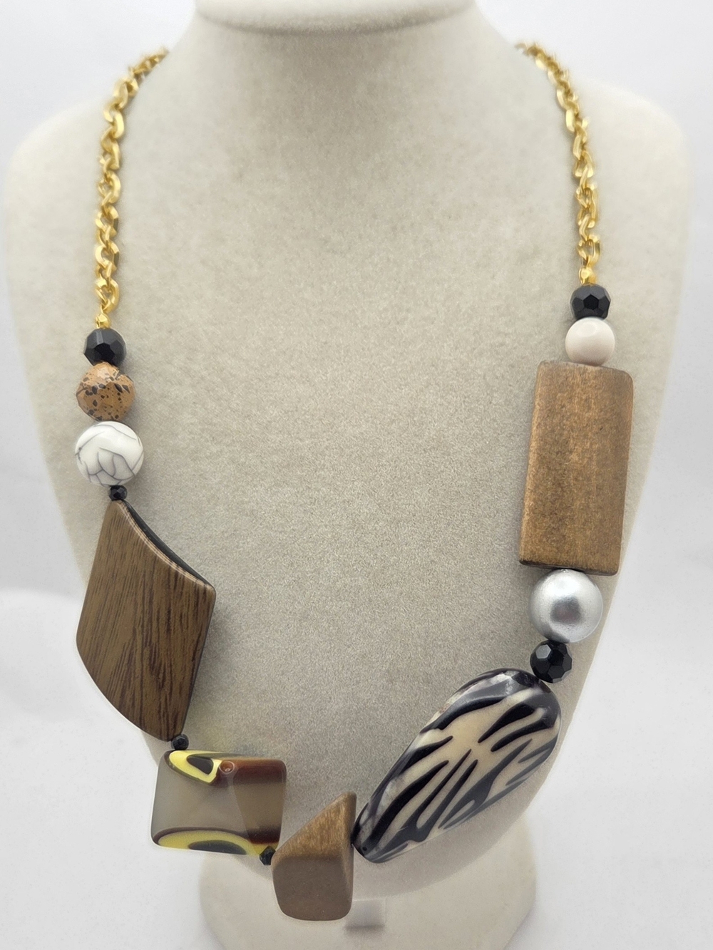 Mixed Media Chunky Statement Necklace Wood Resin Zebra Beaded Gold Tone